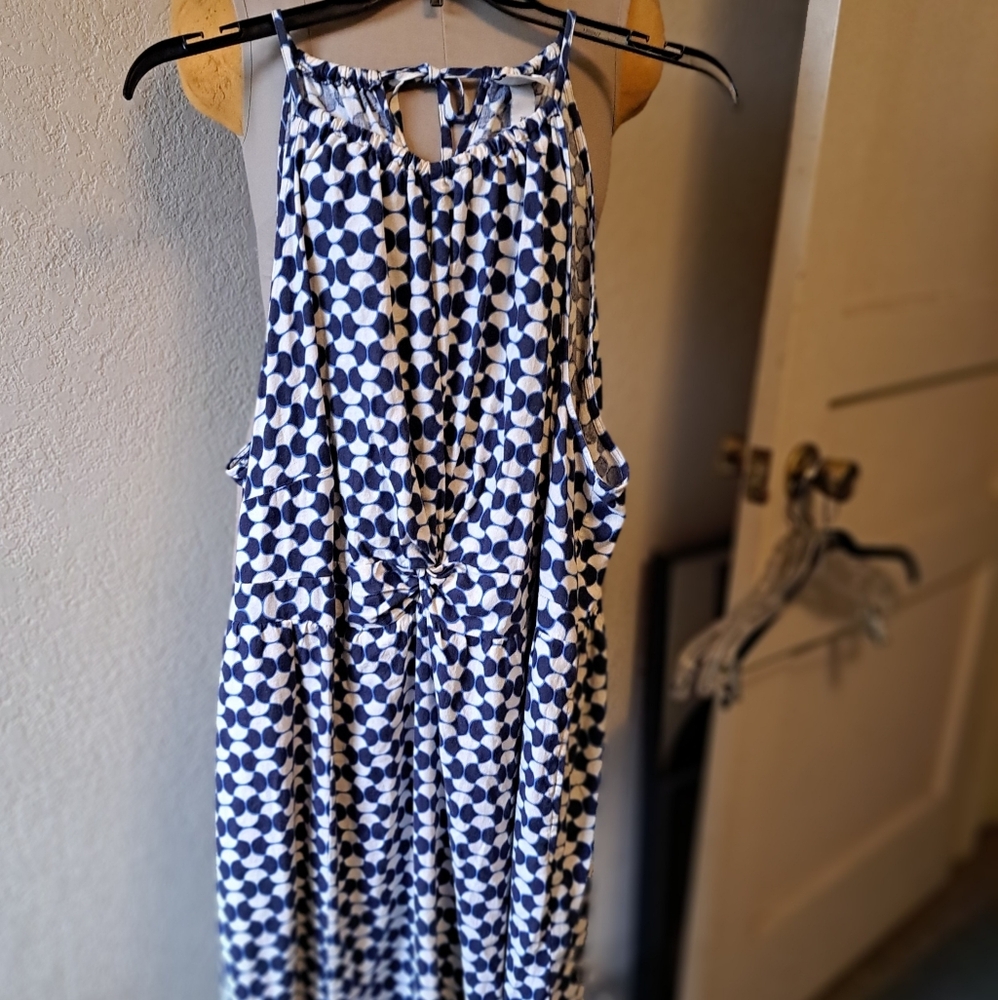 2X Ava Viv Navy & White Geometric Print Linen Rayon Sleeveless Maxi Dress